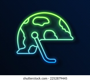 Glowing neon line Military helmet icon isolated on blue background. Army hat symbol of defense and protect. Protective hat.  Vector
