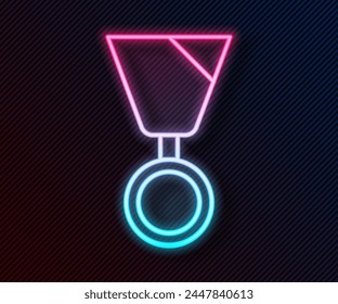 Glowing neon line Military reward medal icon isolated on black background. Army sign.  Vector