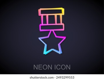Glowing neon line Military reward medal icon isolated on black background. Army sign.  Vector