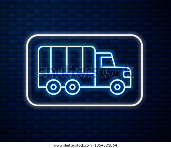 Glowing neon line Military truck icon isolated on
brick wall background. 
Vector