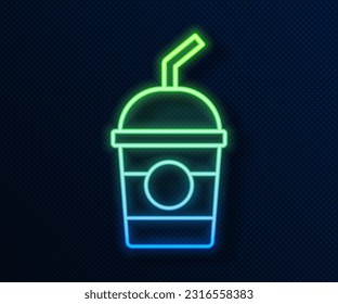 Glowing neon line Milkshake icon isolated on blue background. Plastic cup with lid and straw.  Vector