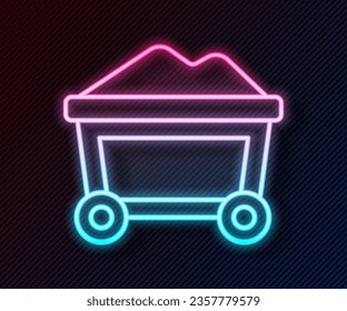Glowing neon line Mine cart with gold icon isolated on black background.  Vector