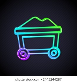 Glowing neon line Mine cart with gold icon isolated on black background.  Vector