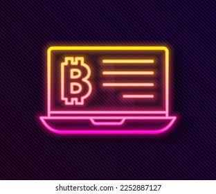 Línea de neón brillante Bitcoin de minería del ícono del portátil aislado en el fondo negro. Mina de criptodivisa, servicio de tecnología blockchain.  Vector
