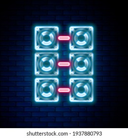 Glowing neon line Mining farm icon isolated on brick wall background. Cryptocurrency mining, blockchain technology, bitcoin, digital money market, cryptocoin wallet. Colorful outline concept. Vector