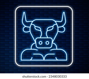 Glowing neon line Minotaur icon isolated on brick wall background. Mythical greek powerful creature the half human bull legendary minotaur from cretan labyrinth.  Vector