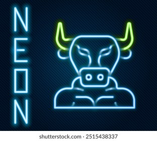 Glowing neon line Minotaur icon isolated on black background. Mythical greek powerful creature the half human bull legendary minotaur from cretan labyrinth. Colorful outline concept. Vector