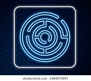 Glowing neon line Minotaur maze or labyrinth icon isolated on brick wall background. Ancient Greek mythology.  Vector