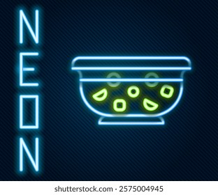 Glowing neon line Mixed punch with fresh fruits in bowl icon isolated on black background. Colorful outline concept. Vector Illustration