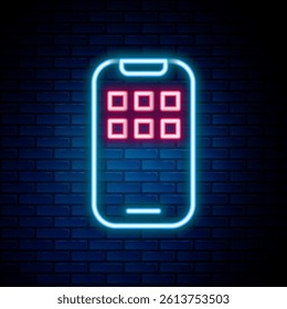 Glowing neon line Mobile Apps icon isolated on brick wall background. Smartphone with screen icons, applications. mobile phone showing screen. Colorful outline concept. Vector