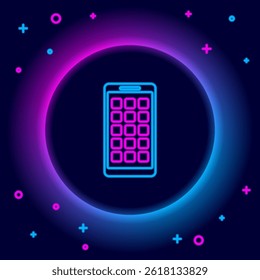 Glowing neon line Mobile Apps icon isolated on black background. Smartphone with screen icons, applications. mobile phone showing screen. Colorful outline concept. Vector