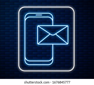 Glowing neon line Mobile and envelope, new message, mail icon isolated on brick wall background. Usage for e-mail newsletters, headers, blog posts.  Vector Illustration