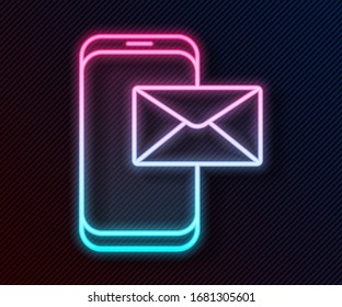Línea de neón brillante Móvil y sobre, nuevo mensaje, icono de correo aislado en fondo negro. Uso para boletines de correo electrónico, encabezados, entradas de blog. Ilustración vectorial