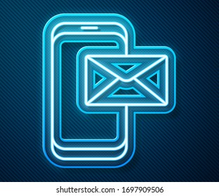 Glowing neon line Mobile and envelope, new message, mail icon isolated on blue background. Usage for e-mail newsletters, headers, blog posts.  Vector Illustration