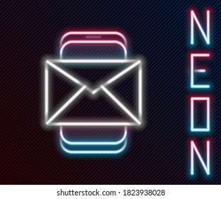 Línea de neón brillante Móvil y sobre, mensaje nuevo, icono de correo aislado en el fondo negro. Uso para boletines de correo electrónico, encabezados, entradas de blog. Concepto de esquema colorido. Ilustración vectorial
