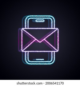 Glowing neon line Mobile and envelope, new message, mail icon isolated on black background. Usage for e-mail newsletters, headers, blog posts.  Vector