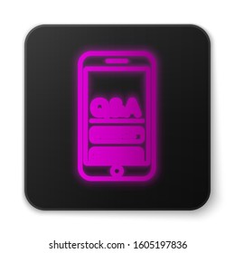 Glowing neon line Mobile phone with Question and Exclamation icon isolated on white background. Frequently asked questions. Black square button. Vector Illustration