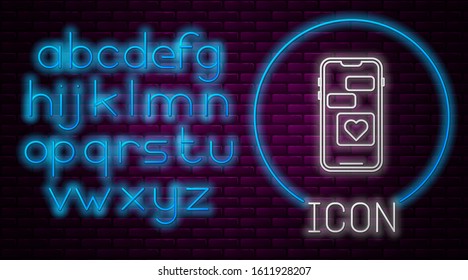 Glowing neon line Mobile phone with heart icon isolated on brick wall background. Valentines day. Neon light alphabet. Vector Illustration