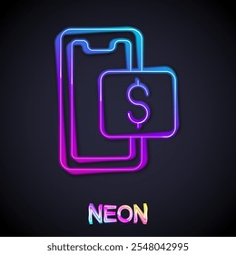 Glowing neon line Mobile phone and shopping cart icon isolated on black background. Online buying symbol. Supermarket basket symbol.  Vector
