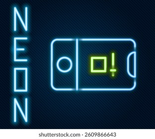 Glowing neon line Mobile phone with record frame camera icon isolated on black background. Mobile app application. Photo and video shooting. Colorful outline concept. Vector