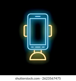 Glowing neon line mobile phone and wireless charger icon isolated on black background. Neon light trendy style. Vector