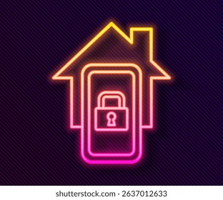 Glowing neon line Mobile phone with smart home icon isolated on black background. Remote control.  Vector