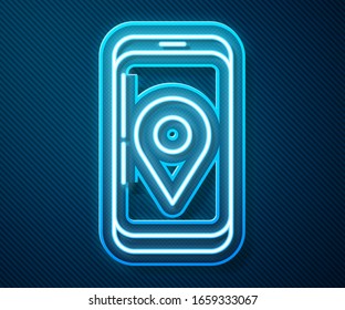 Glowing neon line Mobile smart phone with app delivery tracking icon isolated on blue background. Parcel tracking.  Vector Illustration