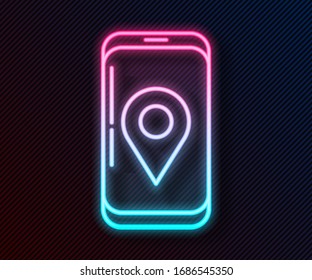 Glowing neon line Mobile smart phone with app delivery tracking icon isolated on black background. Parcel tracking.  Vector Illustration