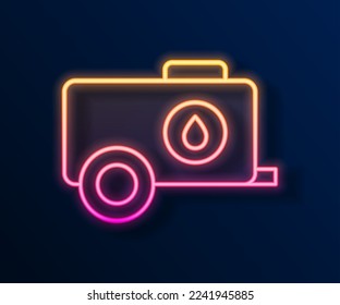 Glowing neon line Mobile water tank - bowser icon isolated on black background. Water tank delivering water.  Vector svg