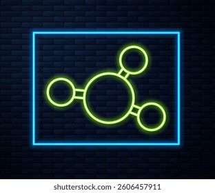 Glowing neon line Molecule icon isolated on brick wall background. Structure of molecules in chemistry, science teachers innovative educational poster.  Vector