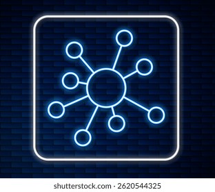 Glowing neon line Molecule icon isolated on brick wall background. Structure of molecules in chemistry, science teachers innovative educational poster.  Vector
