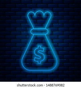 Glowing neon line Money bag icon isolated on brick wall background. Dollar or USD symbol. Cash Banking currency sign.  Vector Illustration