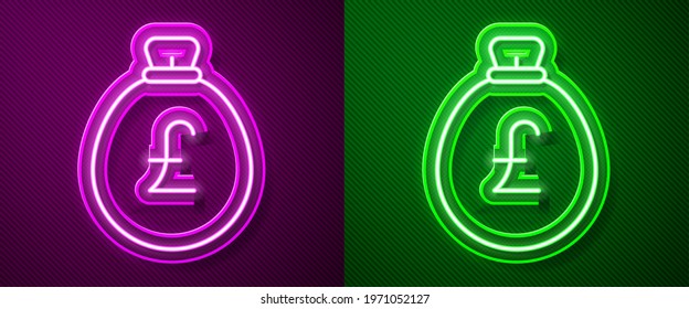 Glowing neon line Money bag with pound icon isolated on purple and green background. Pound GBP currency symbol.  Vector
