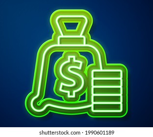 Glowing neon line Money bag icon isolated on blue background. Dollar or USD symbol. Cash Banking currency sign.  Vector