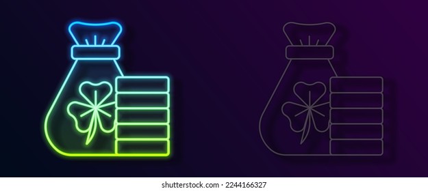 Glühende Neon-line-Geldbeutel mit Kleeblatt-Symbol einzeln auf schwarzem Hintergrund. Alles Gute zum Saint Patricks Tag. Nationaler Urlaub in Irland.  Vektorgrafik