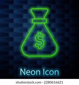 Glowing neon line Money bag icon isolated on brick wall background. Dollar or USD symbol. Cash Banking currency sign.  Vector