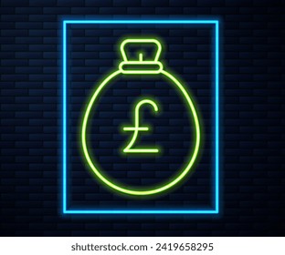 Glowing neon line Money bag with pound icon isolated on brick wall background. Pound GBP currency symbol.  Vector
