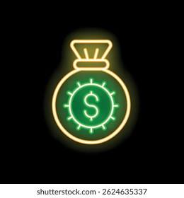 Glowing neon line money bag with dollar sign icon isolated on black background. Vector illustration