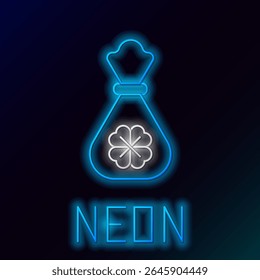 Glowing neon line Money bag with four leaf clover icon isolated on black background. Cash Banking currency sign. Happy Saint Patricks day. Colorful outline concept. Vector