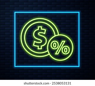 Glowing neon line Money coin with percent icon isolated on brick wall background. Cash Banking currency sign.  Vector Illustration