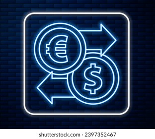 Glowing neon line Money exchange icon isolated on brick wall background. Euro and Dollar cash transfer symbol. Banking currency sign.  Vector Illustration