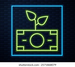 Glowing neon line Money plant in the pot icon isolated on brick wall background. Business investment growth concept. Money savings and investment.  Vector