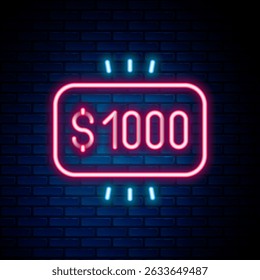 Glowing neon line Money prize in casino icon isolated on brick wall background. Colorful outline concept. Vector