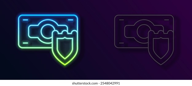 Glowing neon line Money with shield icon isolated on black background. Insurance concept. Security, safety, protection, protect concept.  Vector