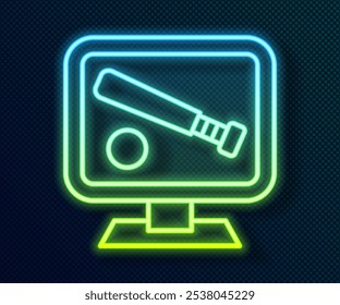 Glowing neon line Monitor with baseball ball and bat on the screen icon isolated on black background. Online baseball game.  Vector