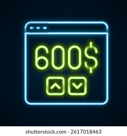 Glowing neon line Monitor with dollar icon isolated on black background. Sending money around the world, money transfer, online banking, financial transaction. Colorful outline concept. Vector