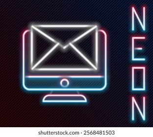 Glowing neon line Monitor and envelope, new message, mail icon isolated on black background. Usage for e-mail newsletters, headers, blog posts. Colorful outline concept. Vector Illustration