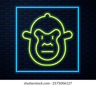 Glowing neon line Monkey icon isolated on brick wall background. Animal symbol.  Vector