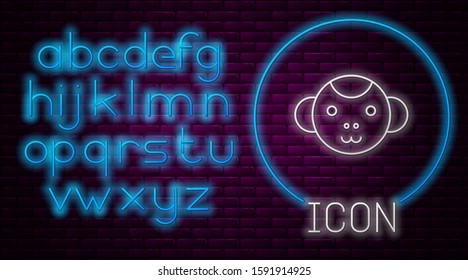 Glowing neon line Monkey zodiac sign icon isolated on brick wall background. Astrological horoscope collection. Neon light alphabet. Vector Illustration