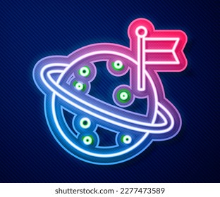 Línea de neón brillante Luna con icono de bandera aislado en fondo azul.  Vector